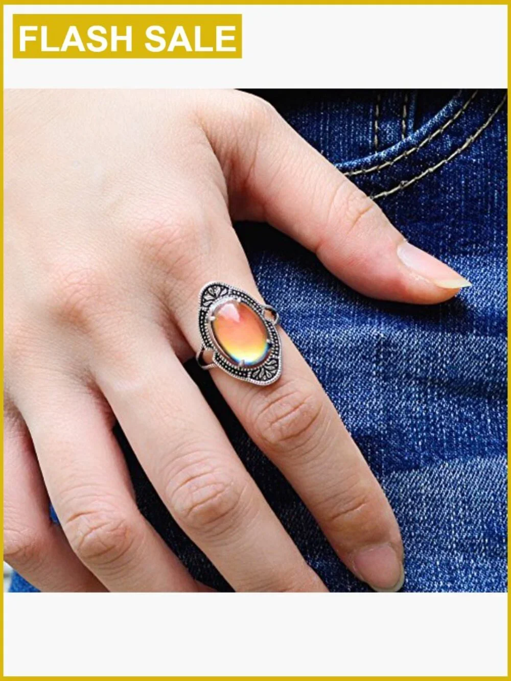 Vintage Adjustable Mood Ring Brass Oval Stone Gift Box